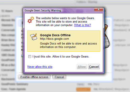 Step 5 - Techlife Illustrated - Google Gears recognizes its sister site Google Docs when you visit.