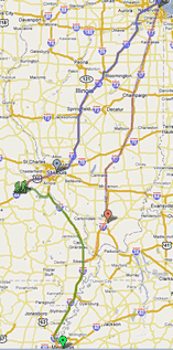 The map of Techlife's trip from Chicago to Memphis to St. Louis.
