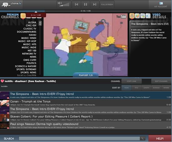 Chime.tv's player screen allows you to easily navigate videos in many genres.